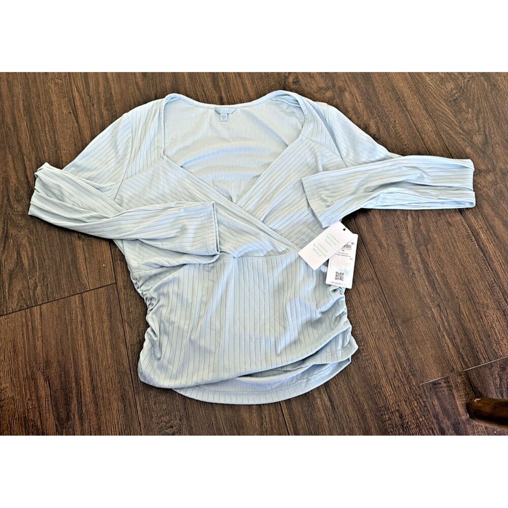 GUESS Women's Long Sleeves sweetheart-neck surplice Ribbed Top Baby Blue XL - Picture 5 of 9